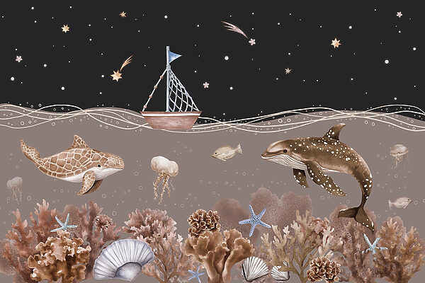 Sea life with a boat and a whale