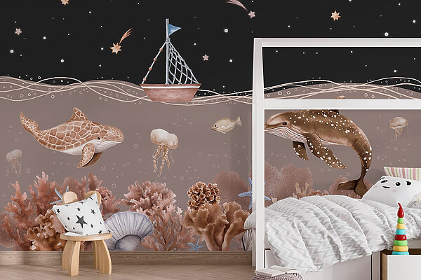 Sea life with a boat and a whale