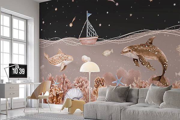 Sea life with a boat and a whale