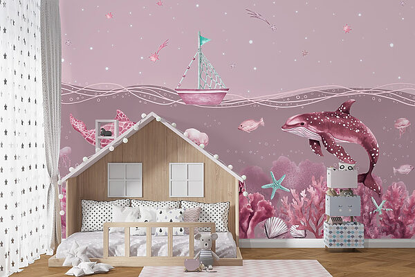 Sea life with a boat and fish