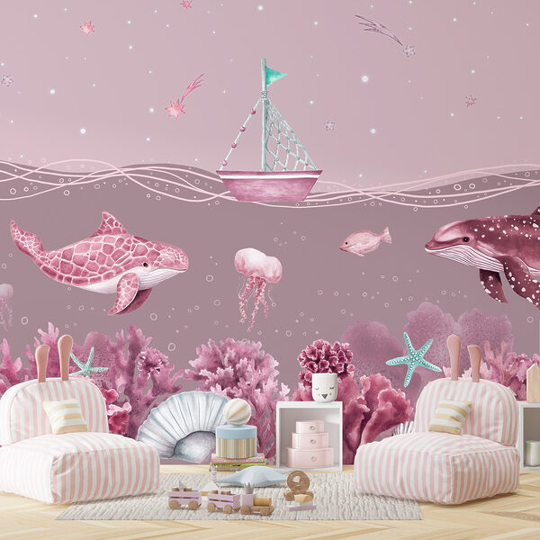 Sea life with a boat and fish