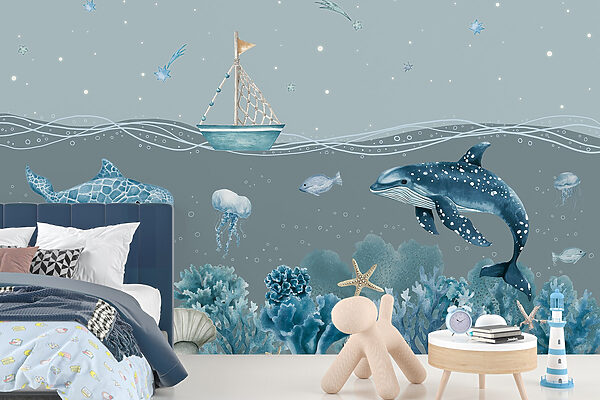 Sea life with a boat and fish
