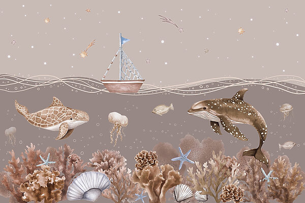 Sea life with a boat and fish