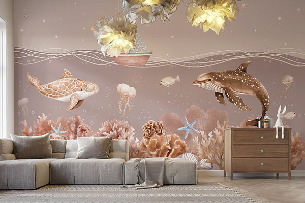 Sea life with a boat and fish