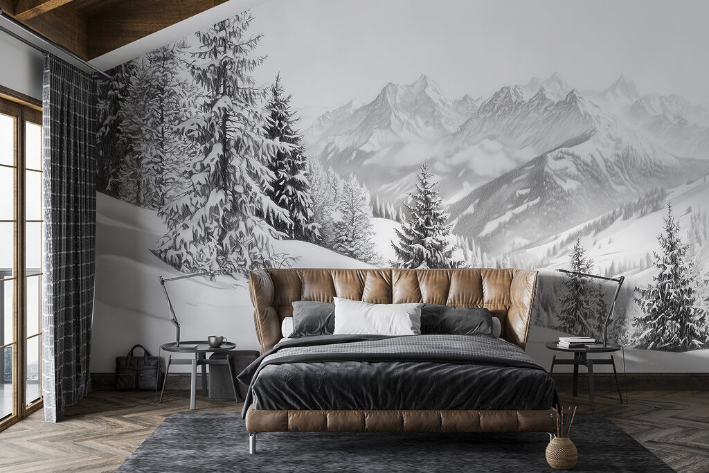 Snowy mountain with trees and mountains in the background