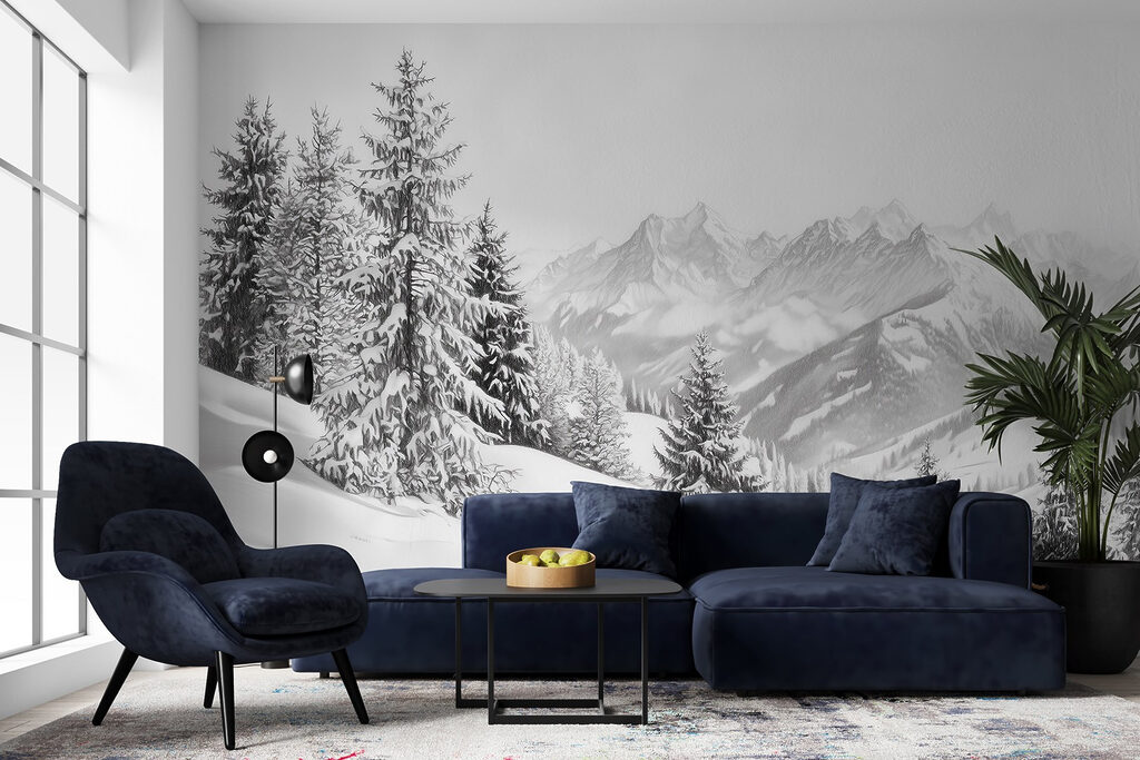 Snowy mountain with trees and mountains in the background