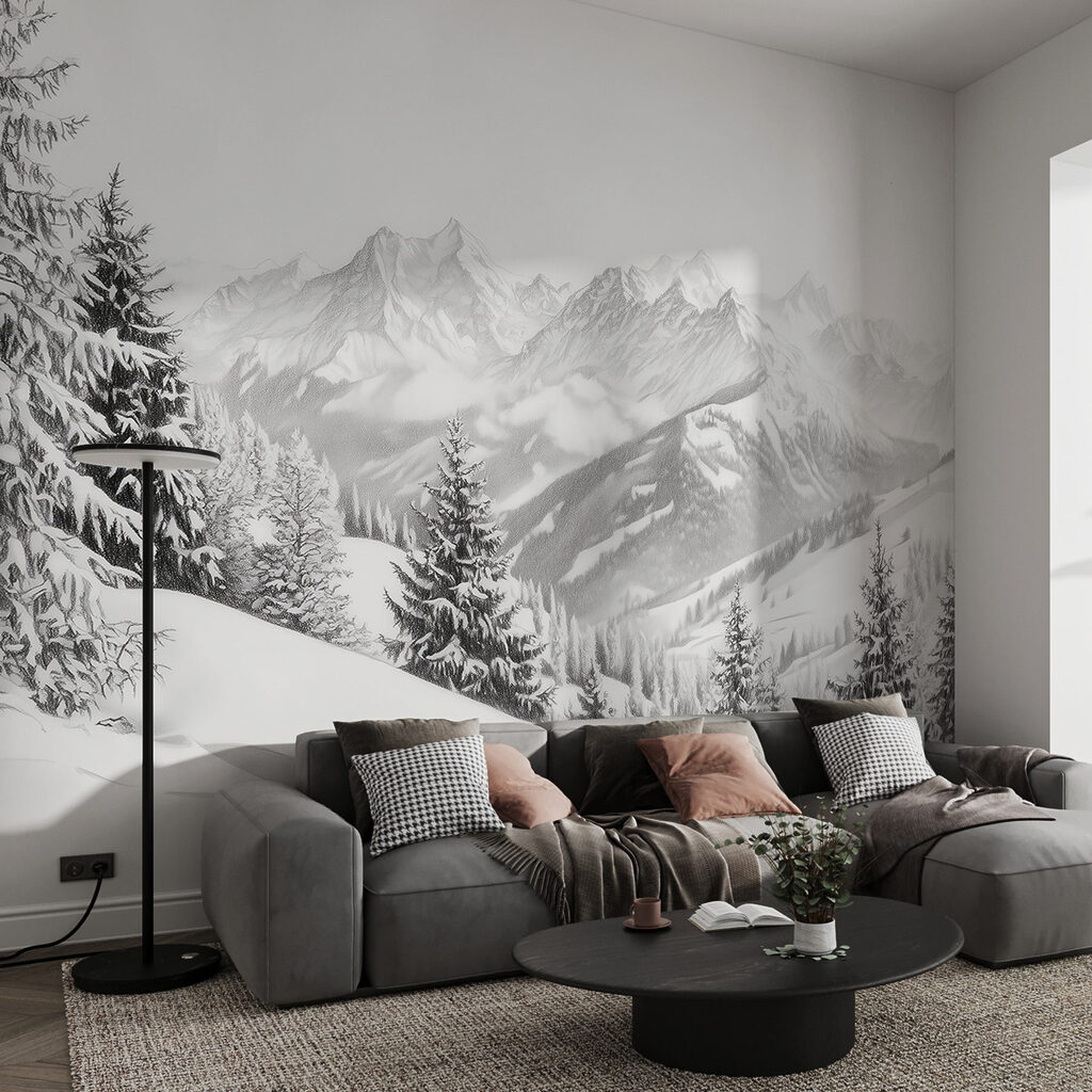 Snowy mountain with trees and mountains in the background