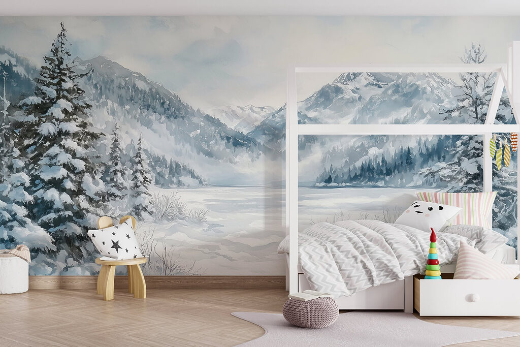 Snowy landscape with trees and mountains