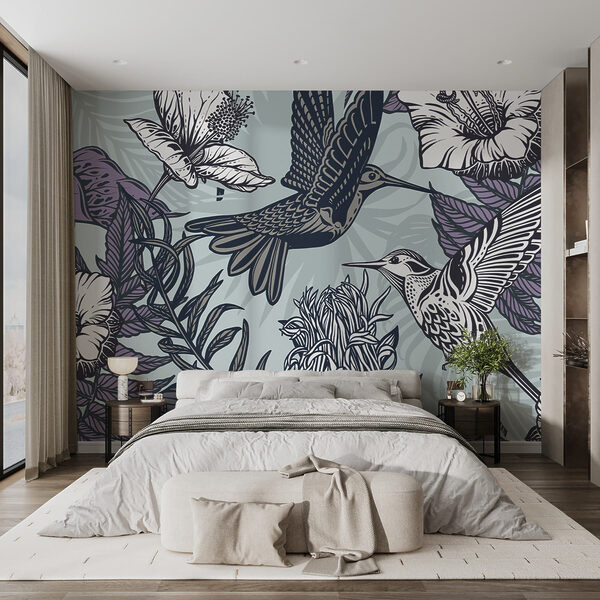 Bird flying next to flowers