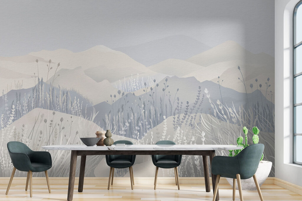 Painting of a landscape with mountains and grass