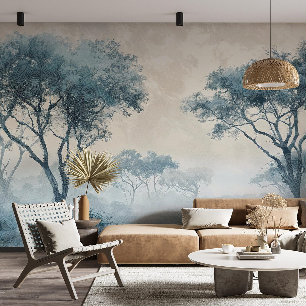 Foggy landscape with trees and plants