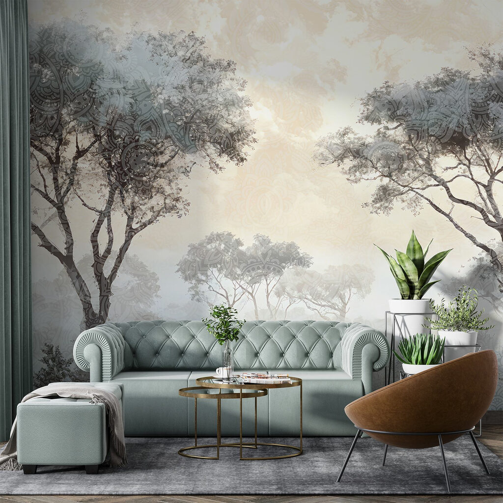 Foggy landscape with trees and plants