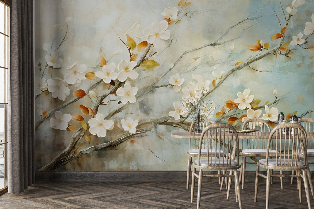 Painting of a branch with white flowers