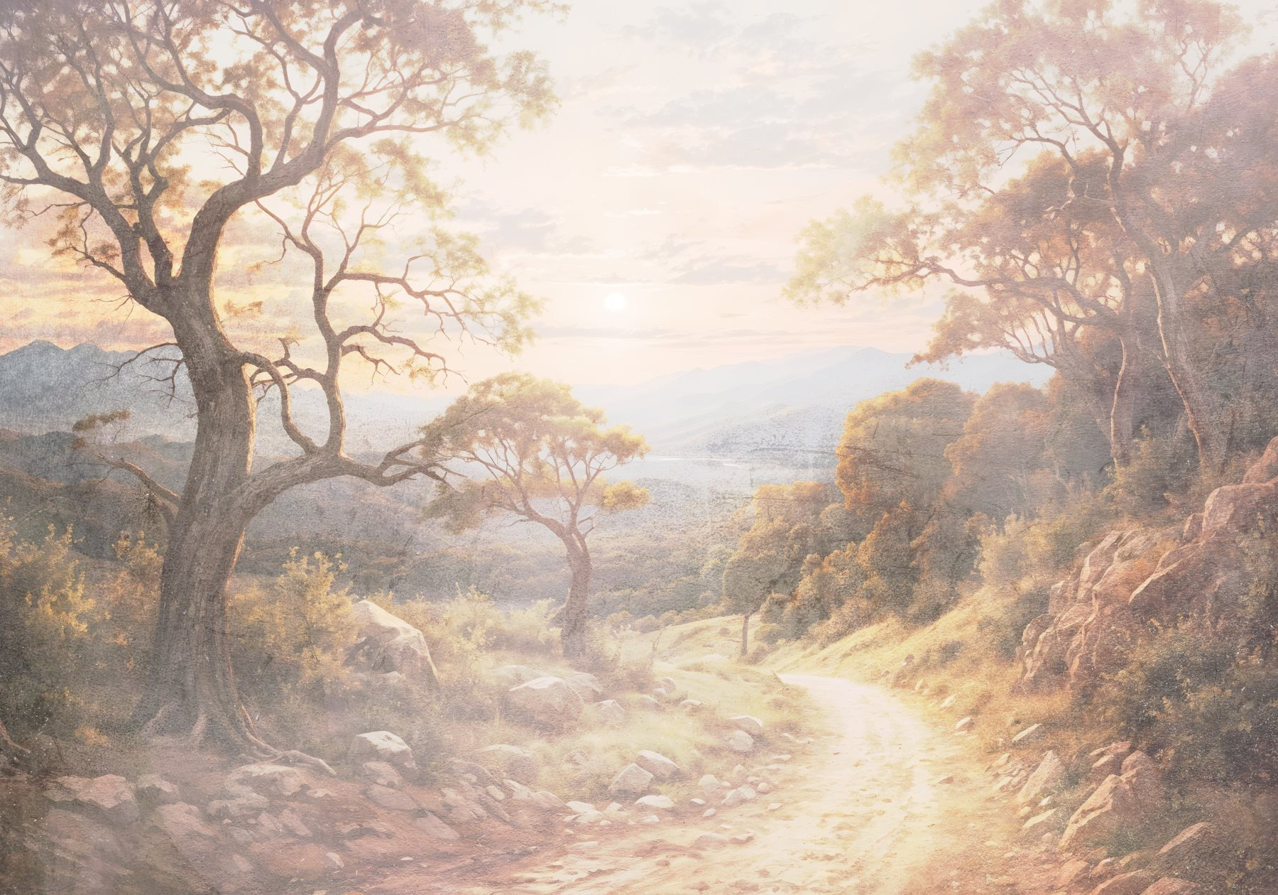 Dirt road with trees and mountains in the background Dirt road with trees and mountains in the background