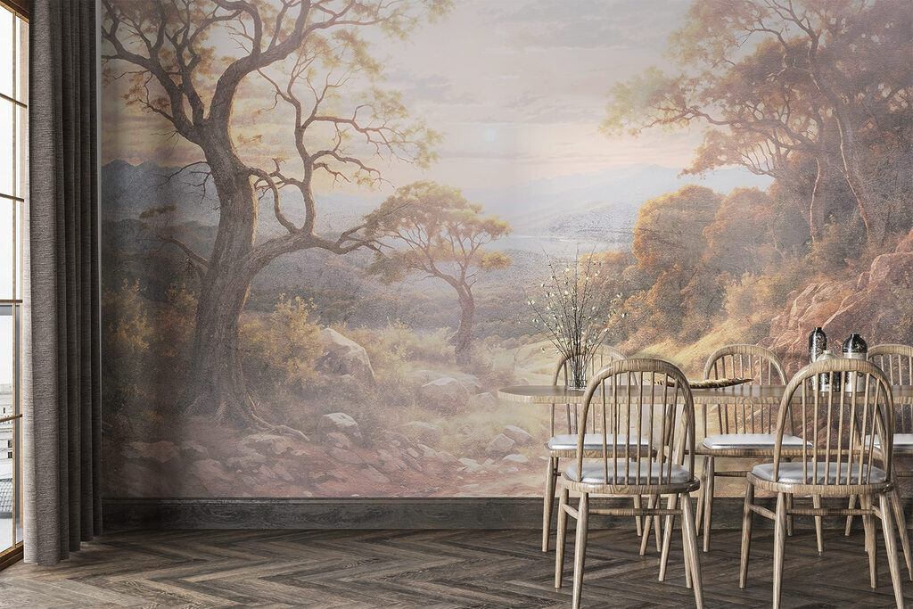 Dirt road with trees and mountains in the background Dirt road with trees and mountains in the background