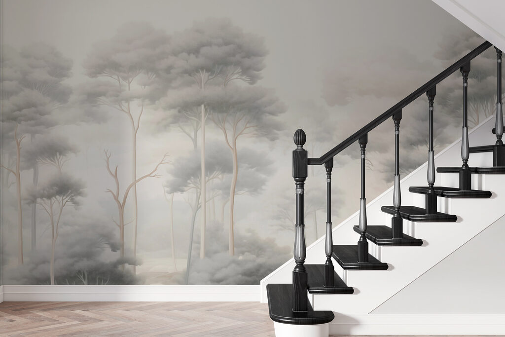 Group of trees in a foggy forest