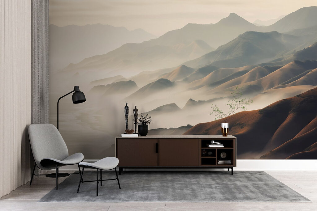 Foggy mountains with hills and water