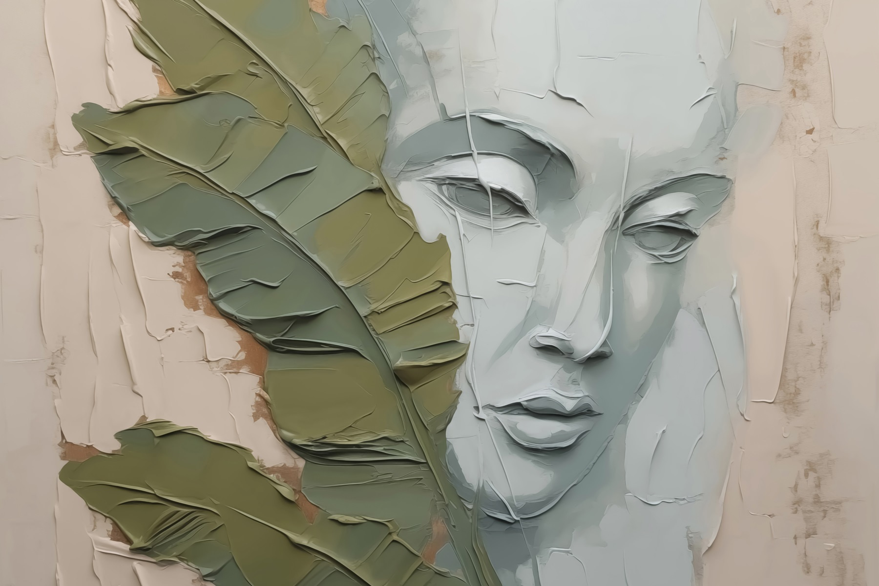 Painting of a face and a leaf