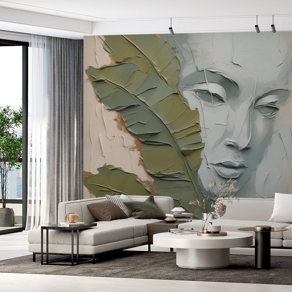 Painting of a face and a leaf