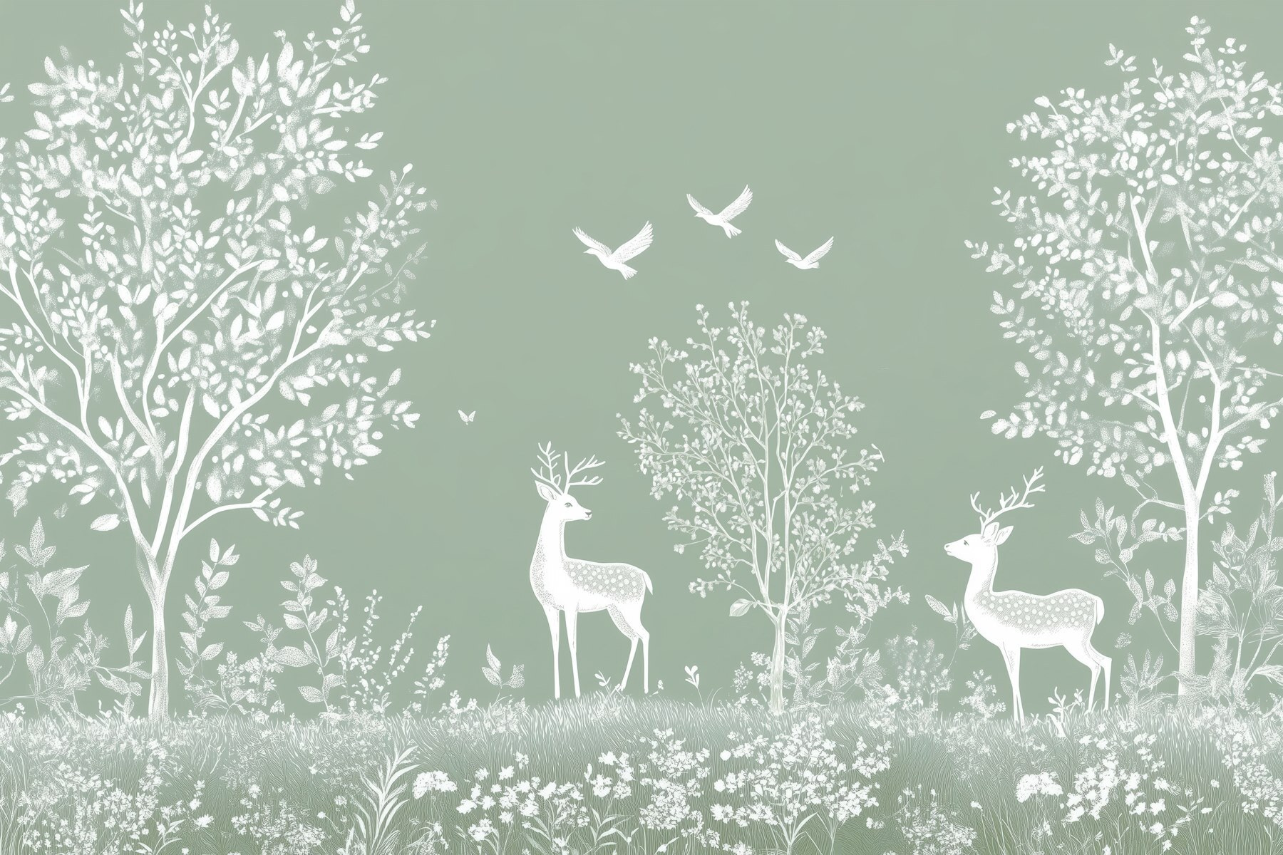 White deer and birds in a field