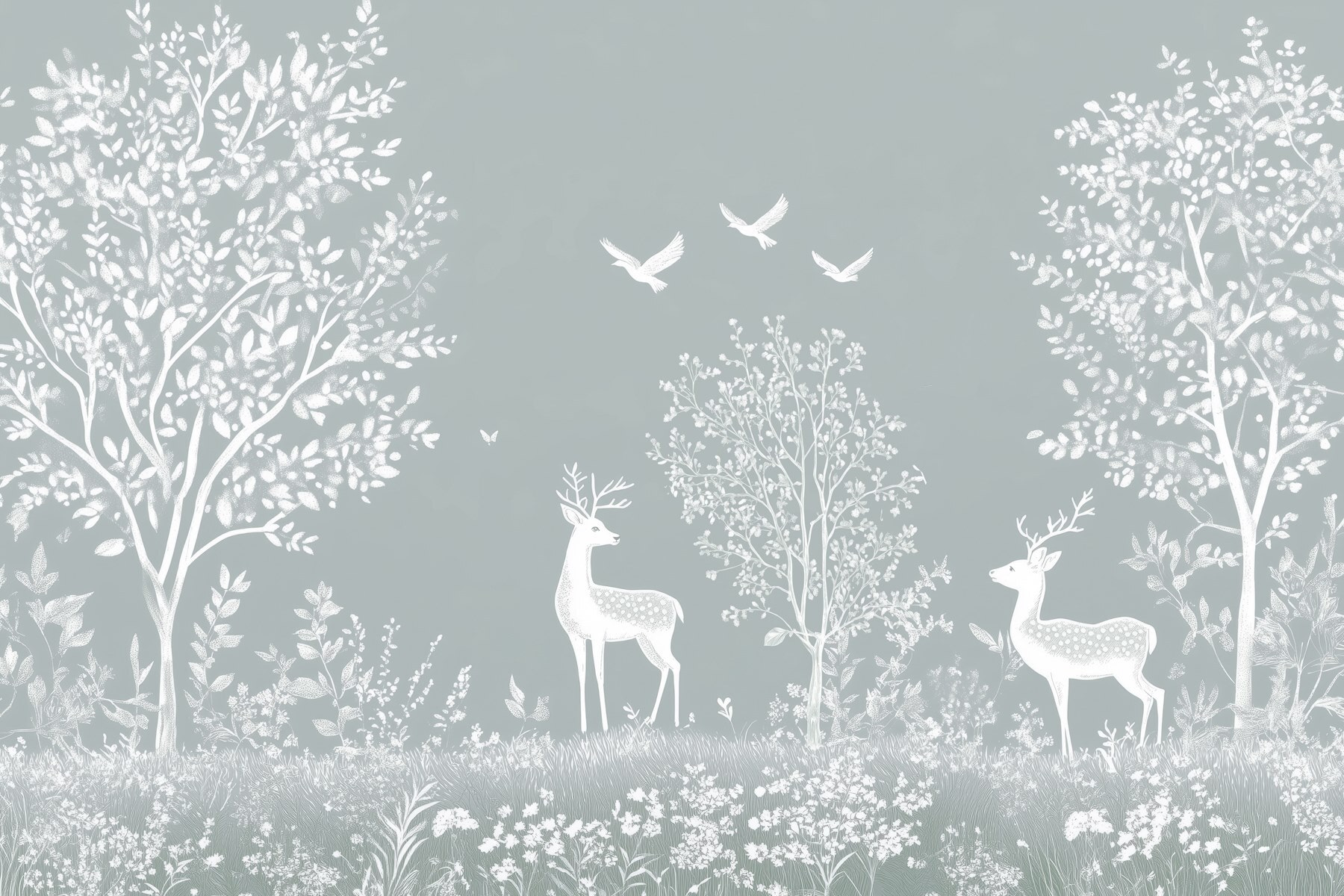 White deer and birds in a forest