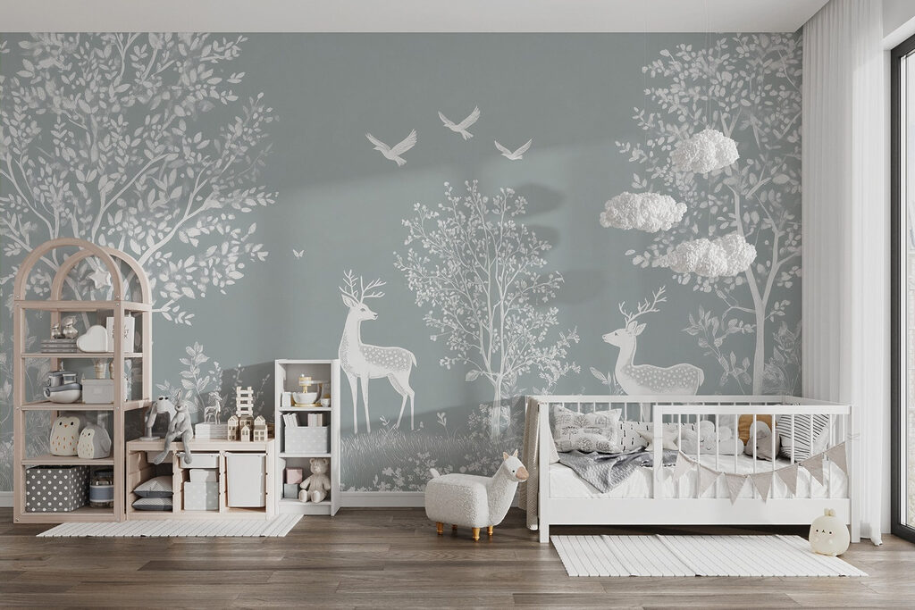 White deer and birds in a forest