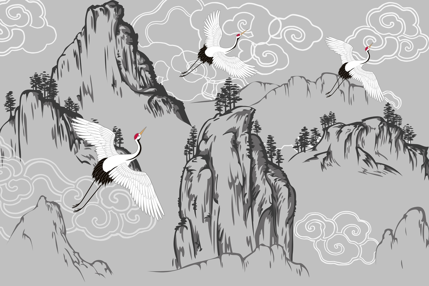Wallpaper with cranes and mountains Wallpaper with cranes and mountains