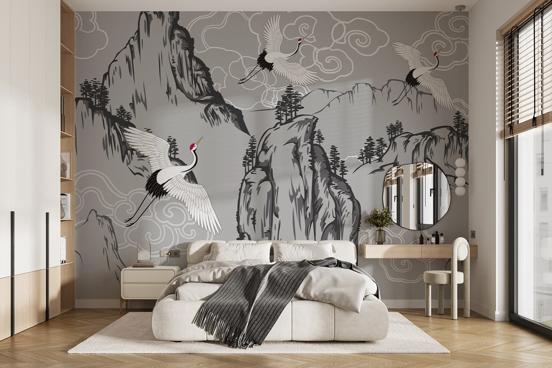 Wallpaper with cranes and mountains Wallpaper with cranes and mountains
