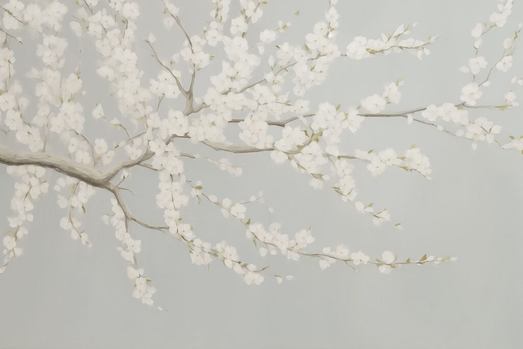 Painting of a tree with white flowers