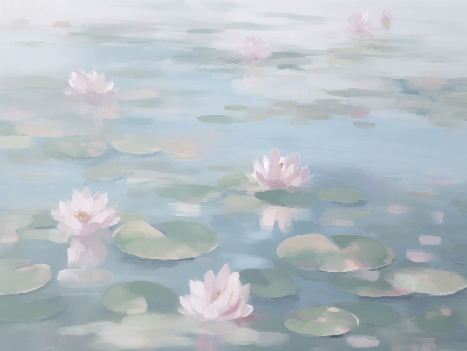 Water with lily pads and pink flowers