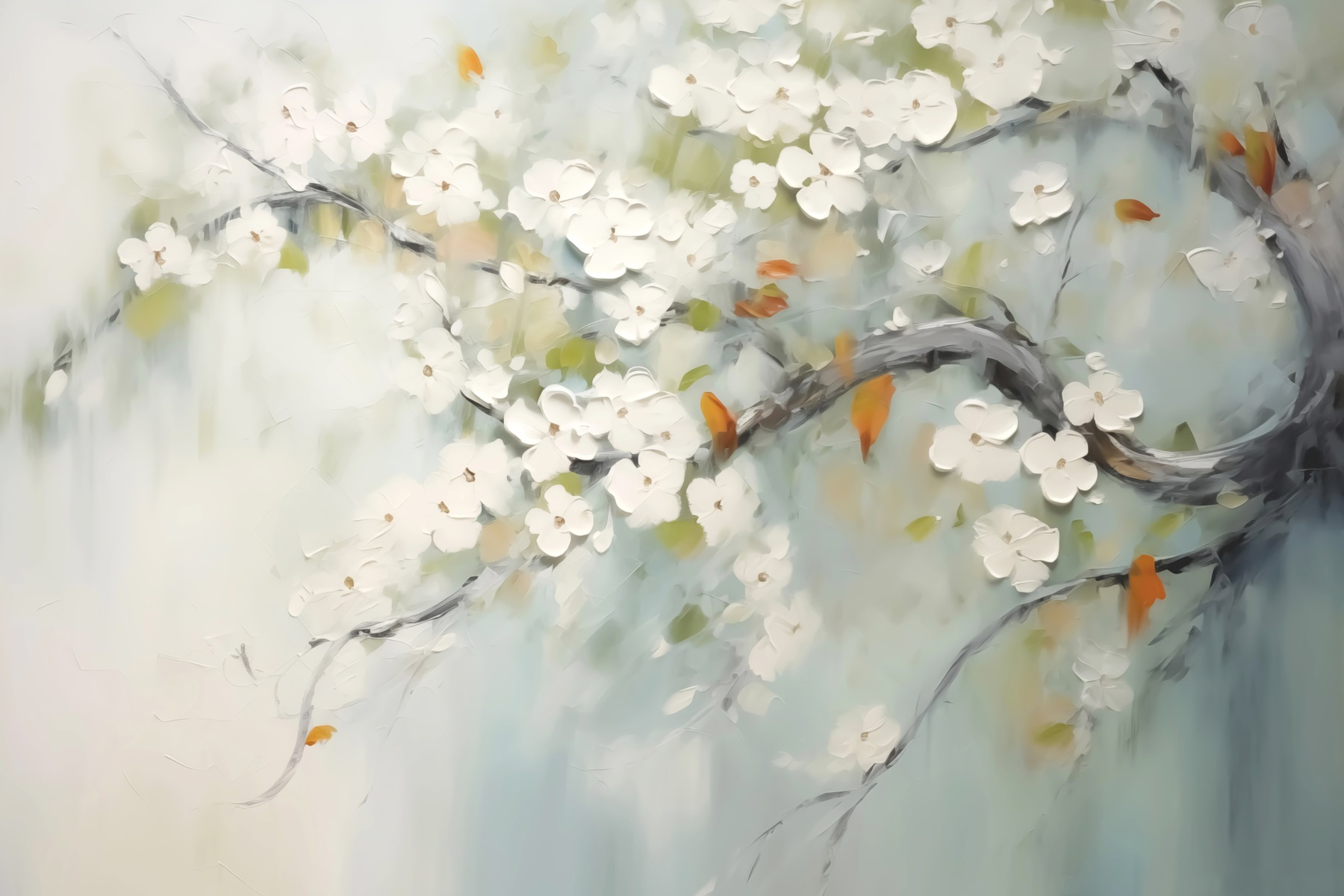 Painting of a tree branch with white flowers