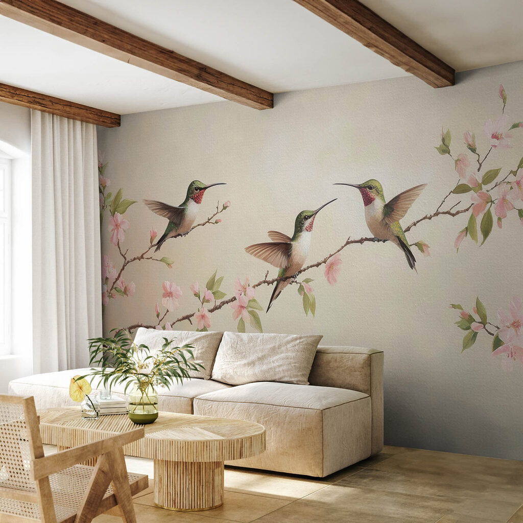 Painting of hummingbirds on a branch with flowers