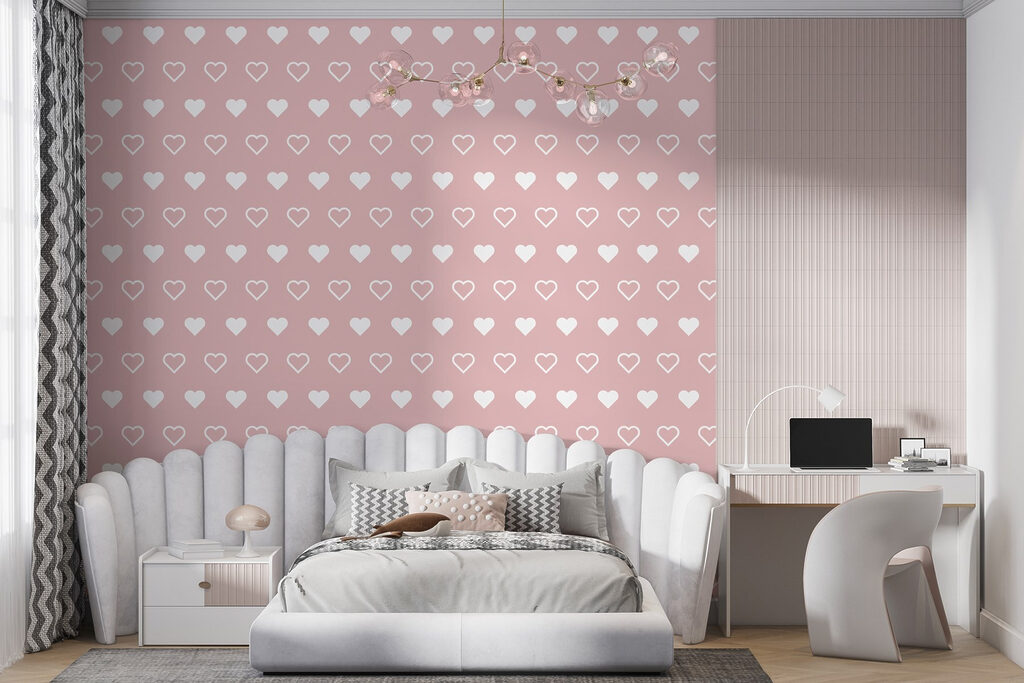 Pattern of white hearts on a pink background