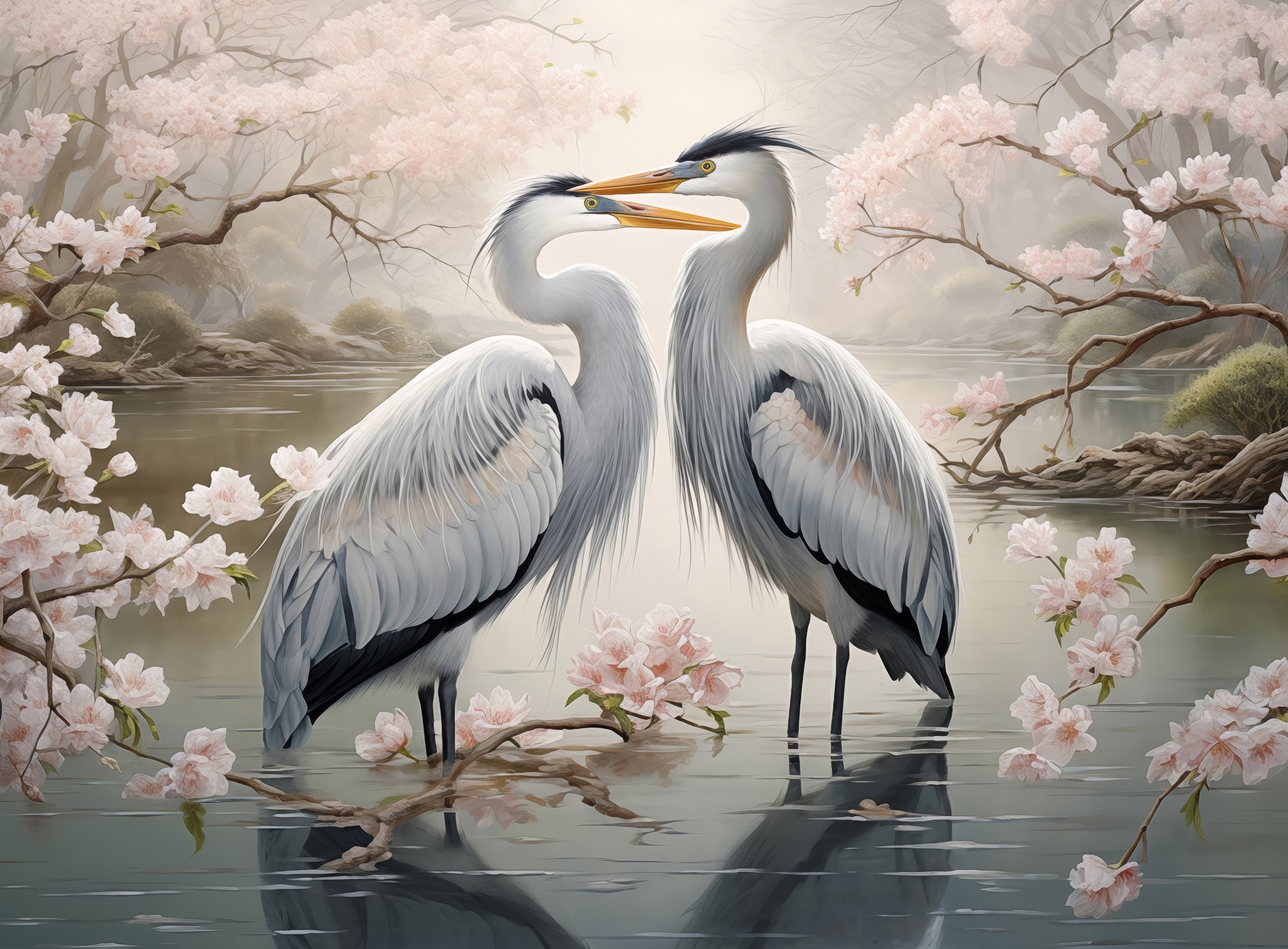 Couple of white birds standing in water with pink flowers Couple of white birds standing in water with pink flowers