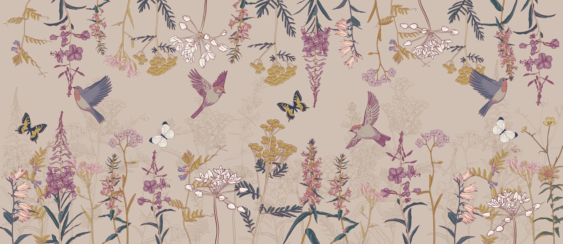 Wallpaper with birds and flowers