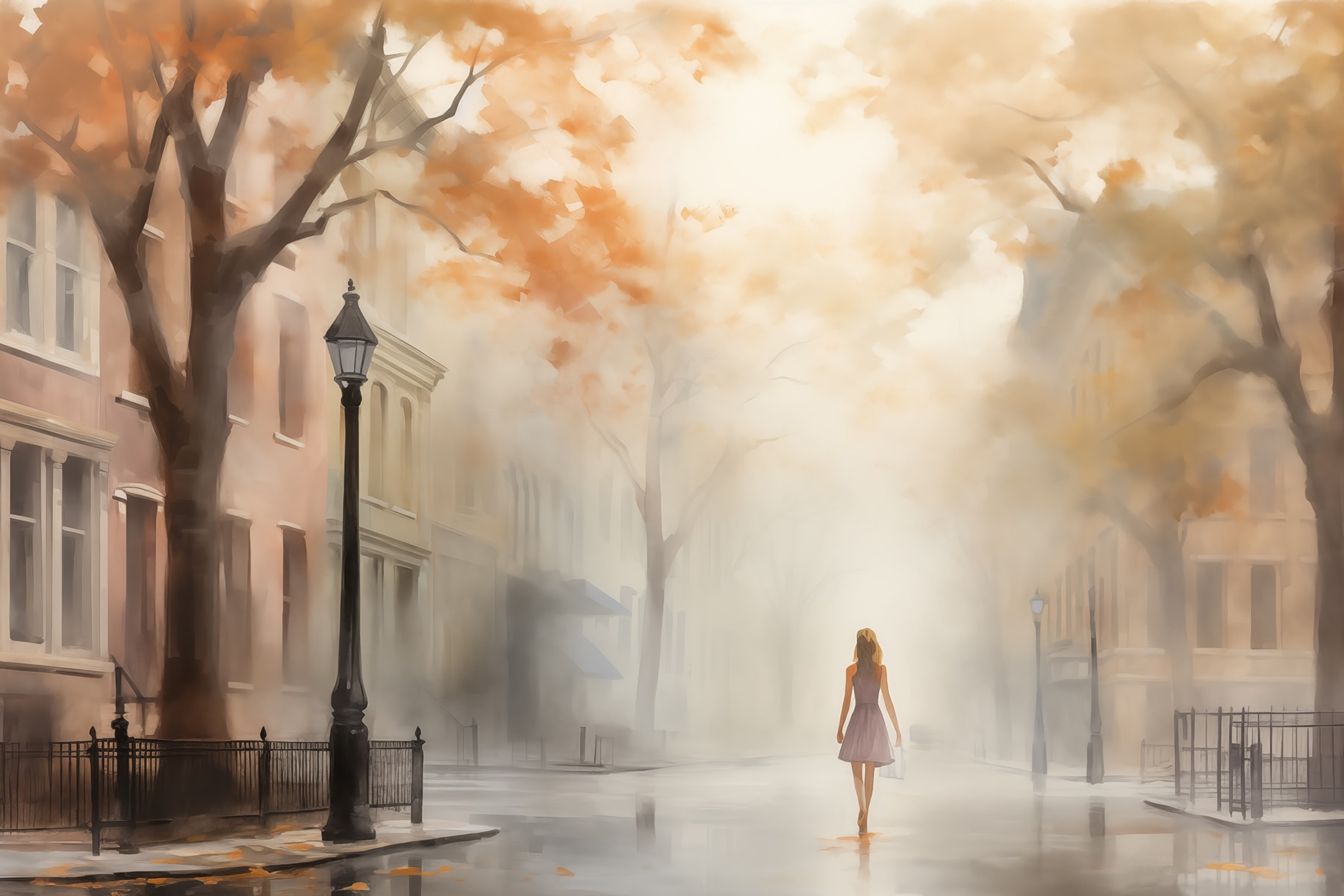 Woman walking down a street in the fog Woman walking down a street in the fog