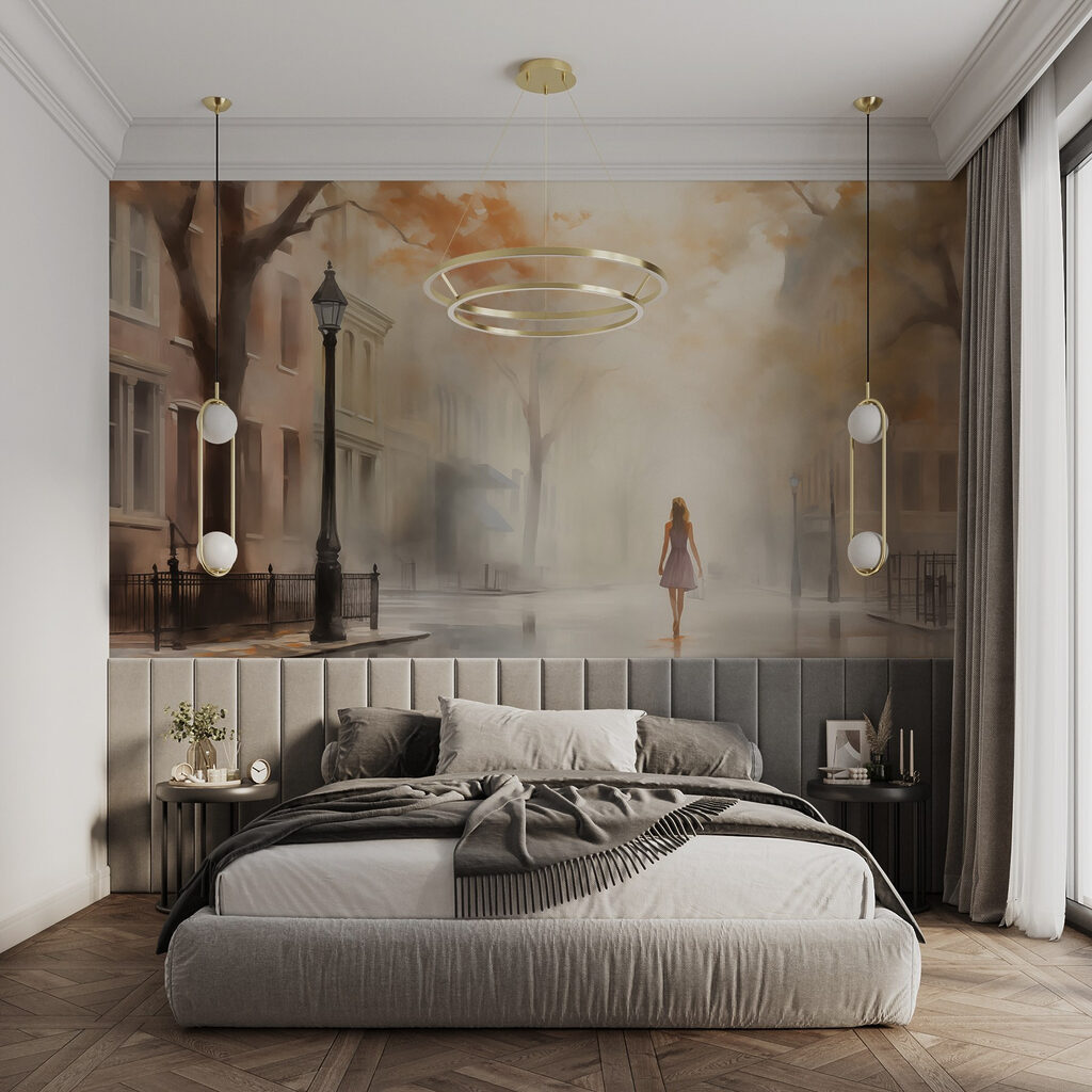 Woman walking down a street in the fog Woman walking down a street in the fog