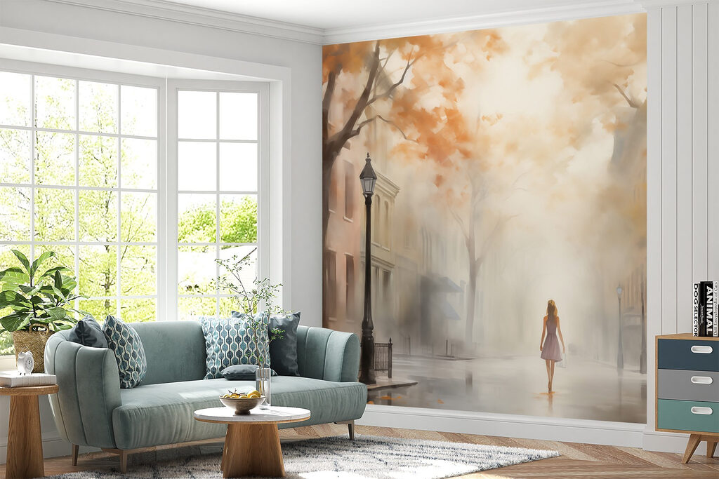 Woman walking down a street in the fog Woman walking down a street in the fog