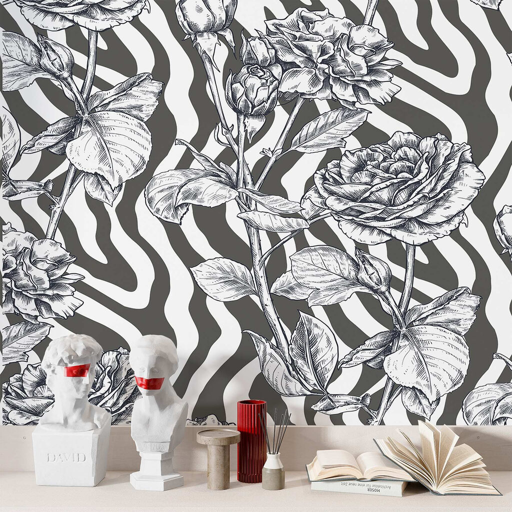 Black and white drawing of roses