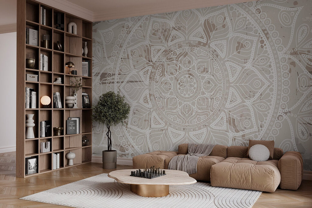 White mandala on a brown surface