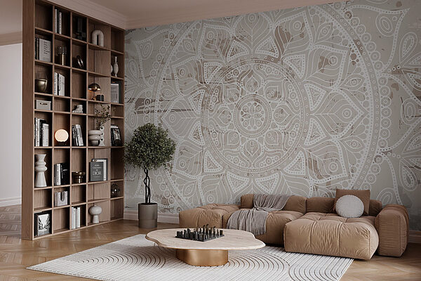 Ταπετσαρίες Λευκή μαντάλα σε καφέ επιφάνεια