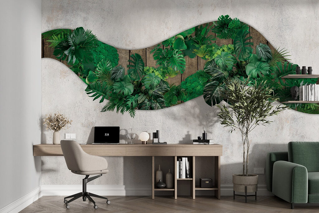 Green leaves on a wooden surface