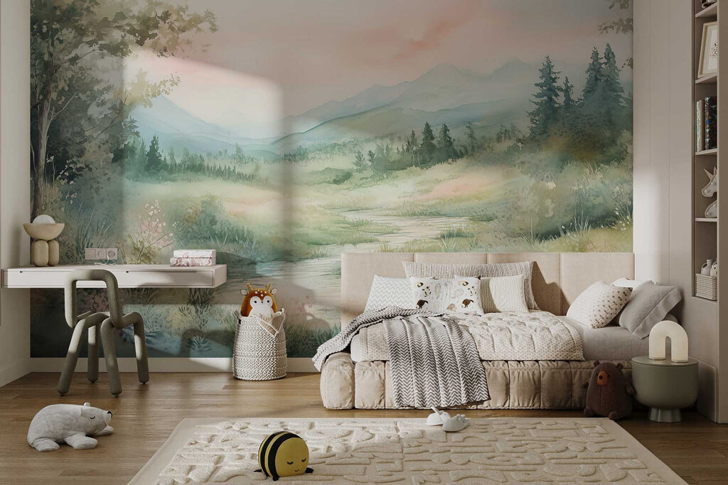 Watercolor painting of a river running through a valley