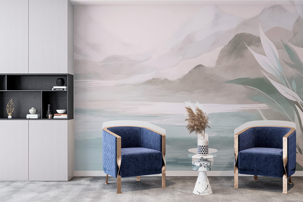 Painting of a mountain and water