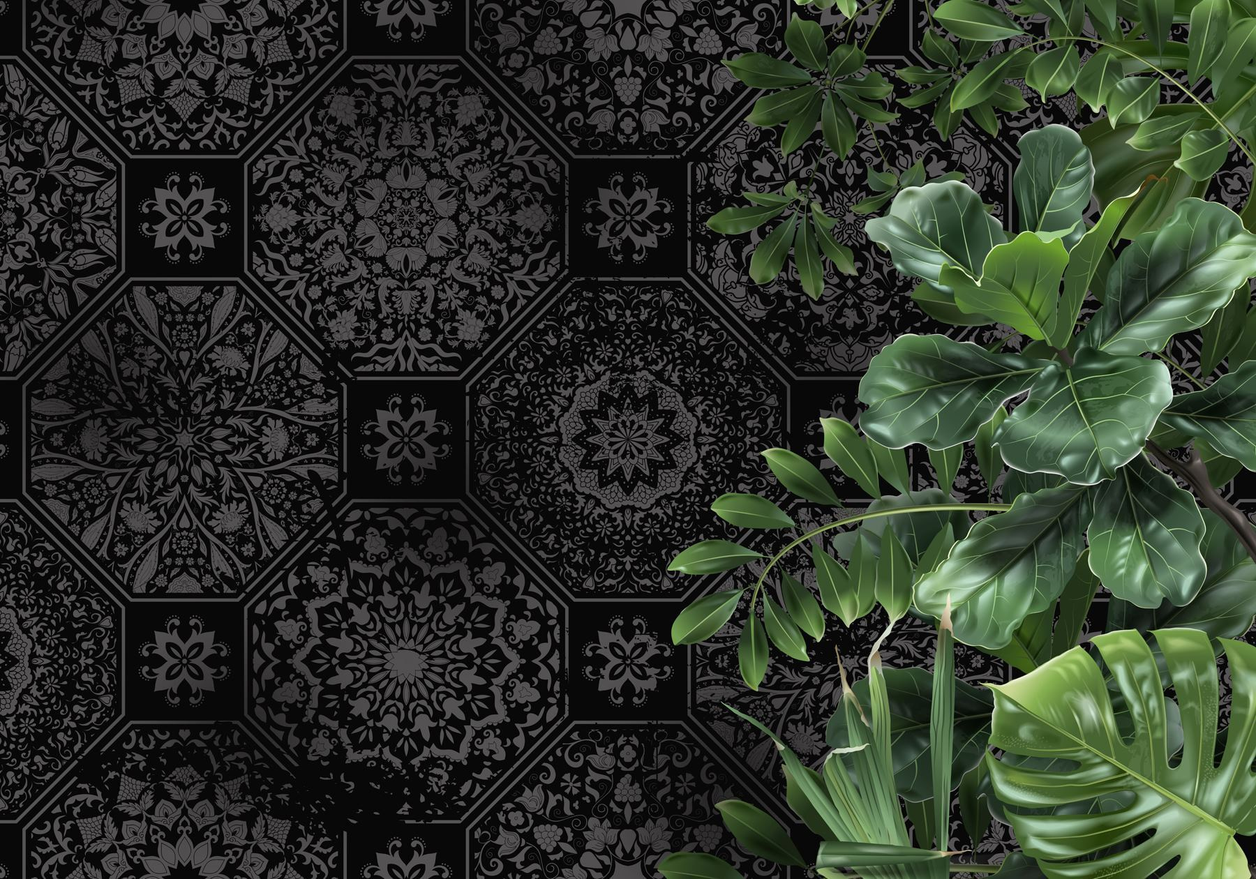 Black and grey wallpaper with green leaves