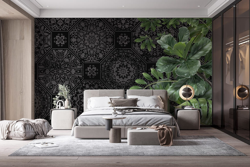 Black and grey wallpaper with green leaves