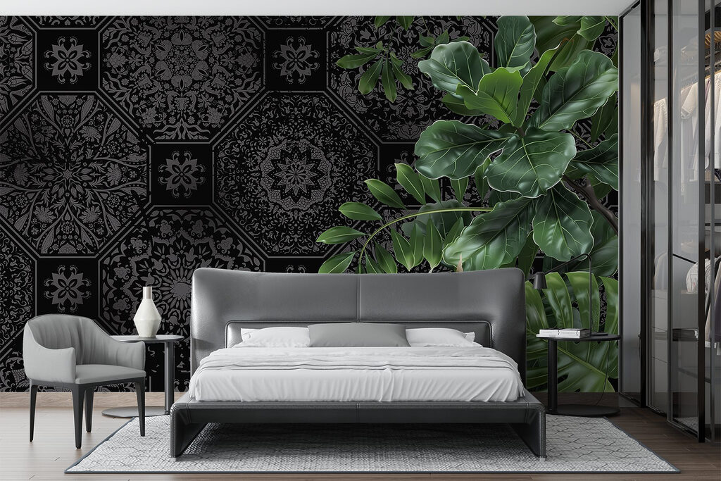 Black and grey wallpaper with green leaves
