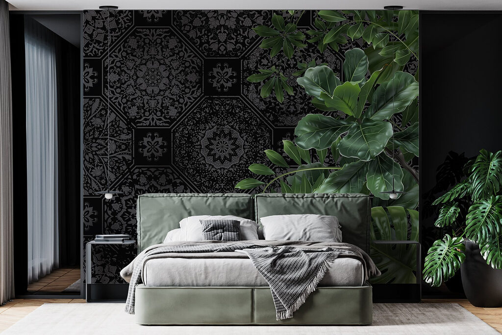 Black and grey wallpaper with green leaves