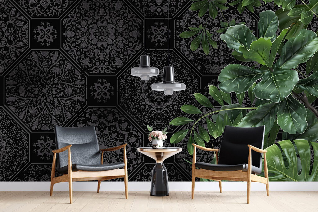Black and grey wallpaper with green leaves