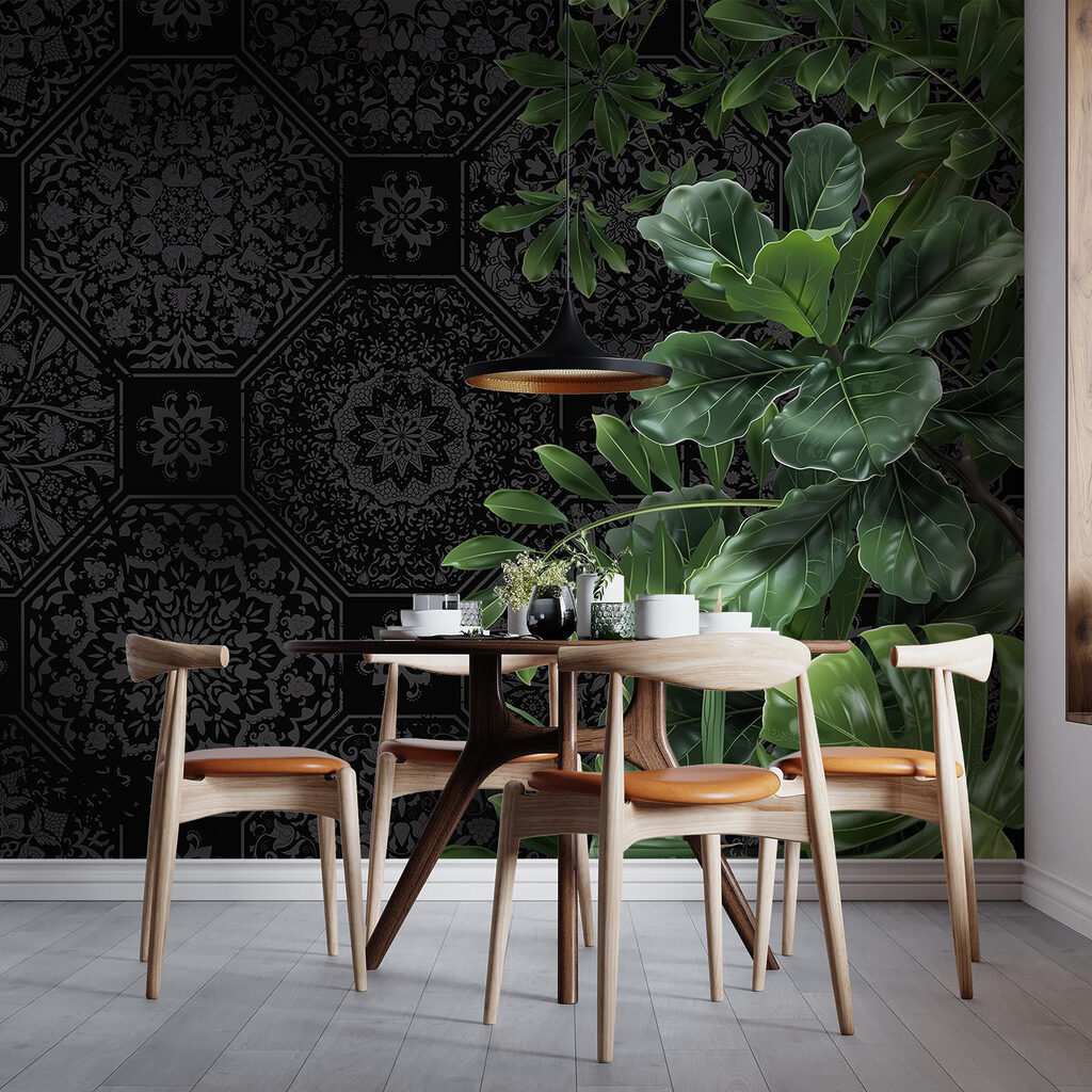 Black and grey wallpaper with green leaves